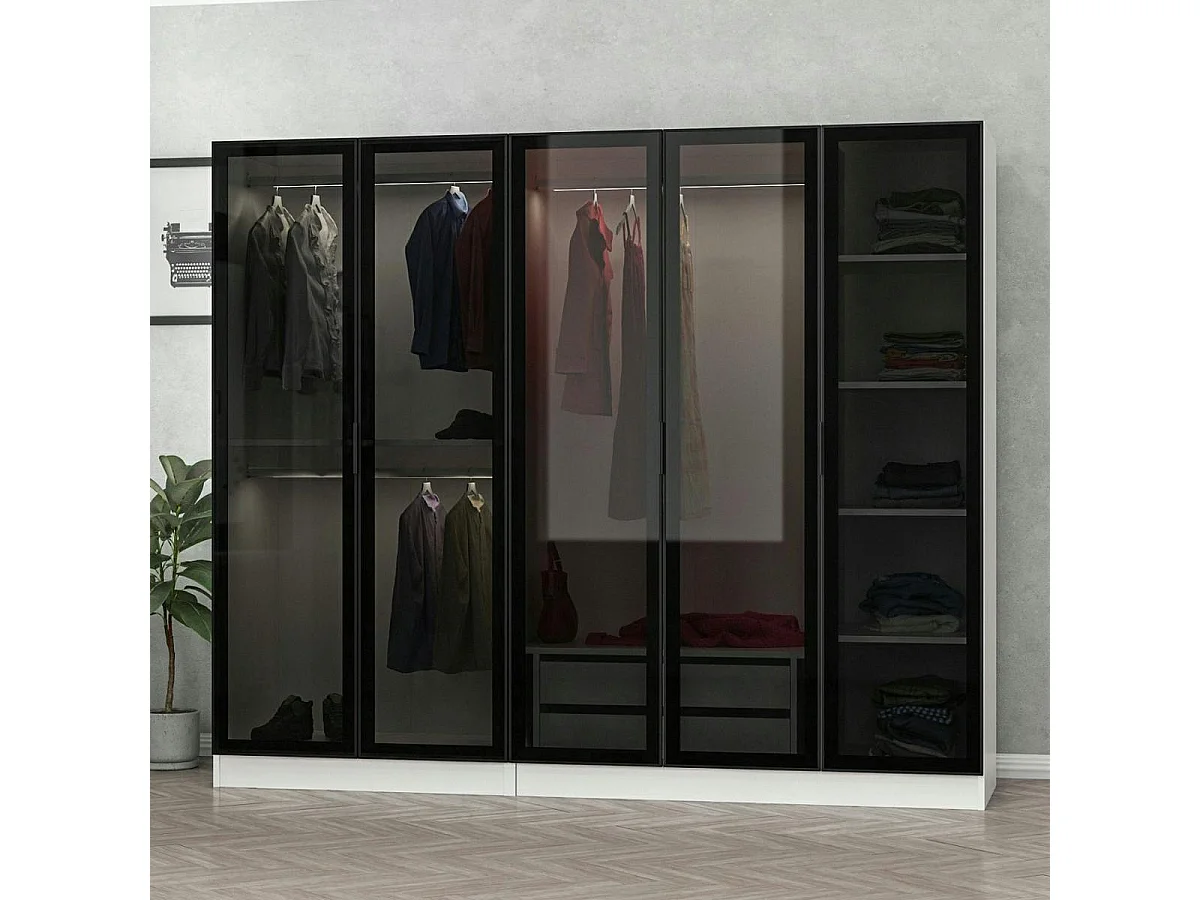 Armoire penderie blanche 5 portes verre 2 tiroirs BYRON