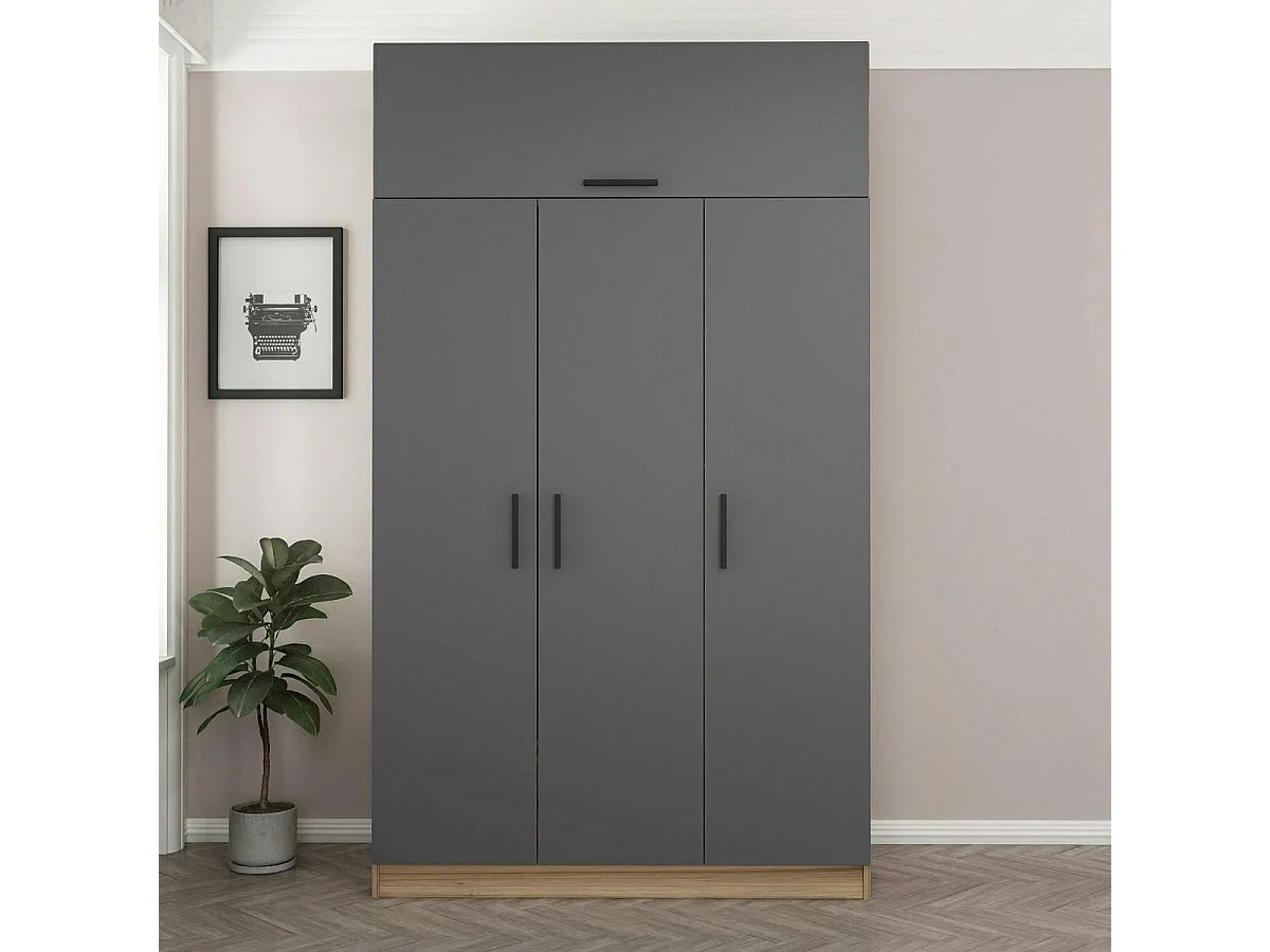Armoire penderie 4 portes gris & effet bois, 1 tringle BYRON