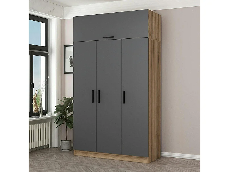 Armoire penderie 4 portes gris & effet bois, 1 tringle BYRON