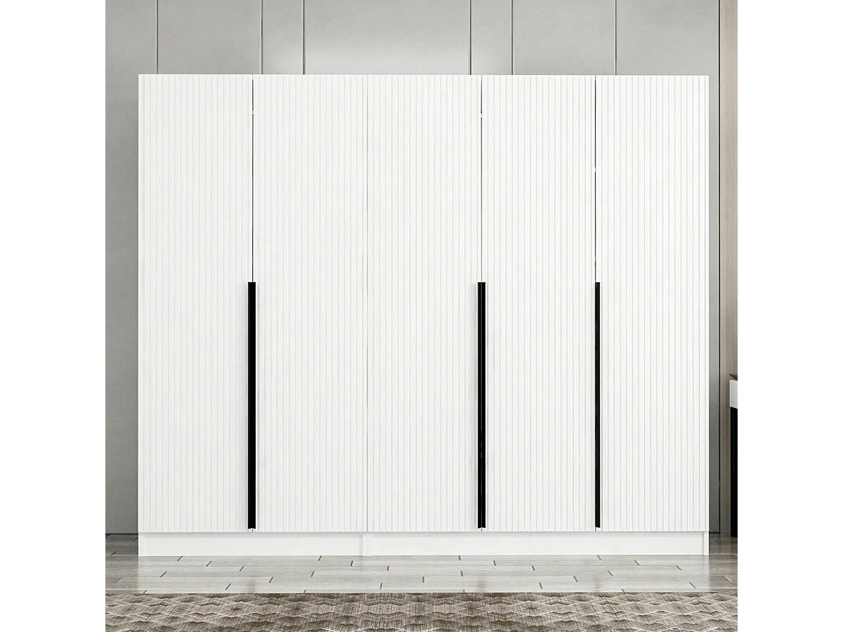 Armoire penderie blanche, 5 portes rainurées 3 portants BYRON