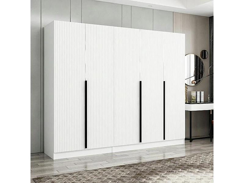 Armoire penderie blanche, 5 portes rainurées 3 portants BYRON
