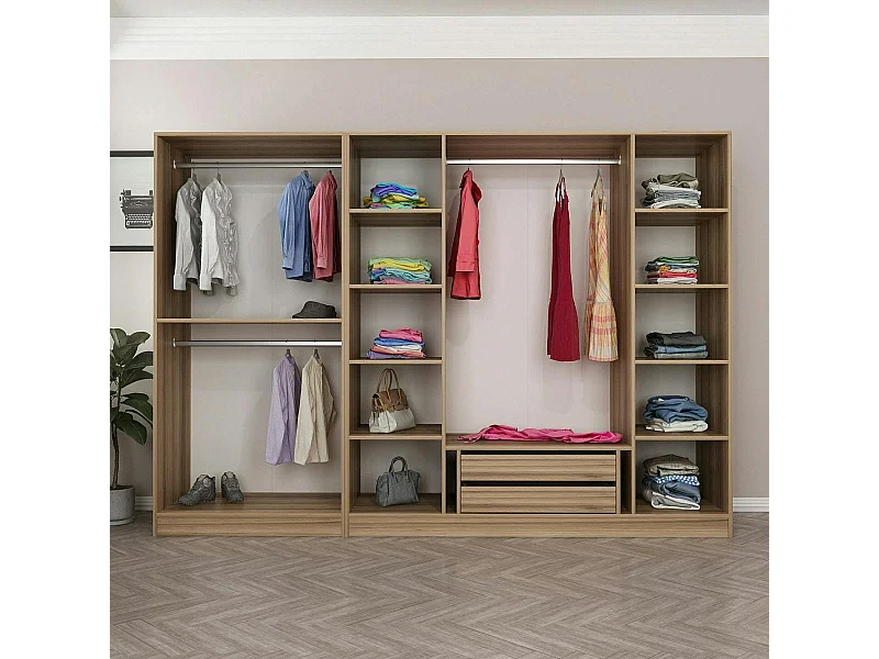 Armoire dressing ouvert effet noyer, 3 portants BYRON