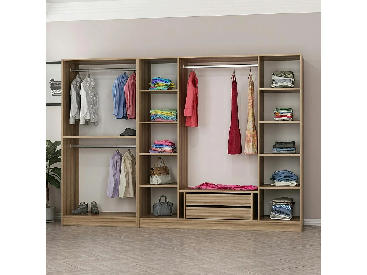 Armoire dressing ouvert effet noyer, 3 portants BYRON