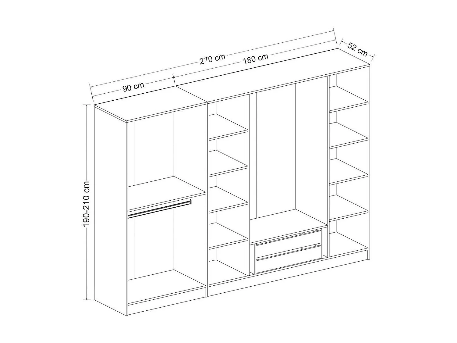 Armoire dressing ouvert effet noyer, 3 portants BYRON