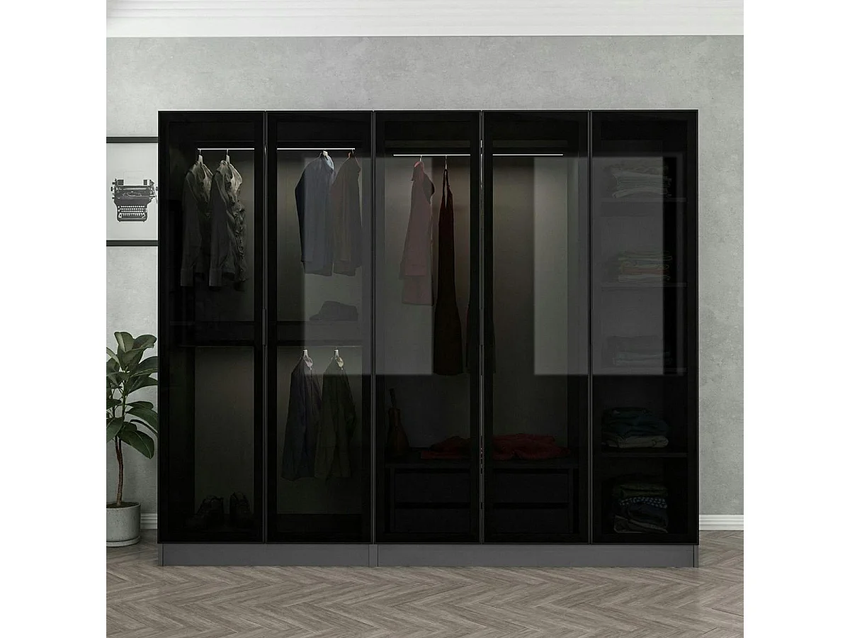 Armoire penderie 5 portes verre et cadre anthracite BYRON