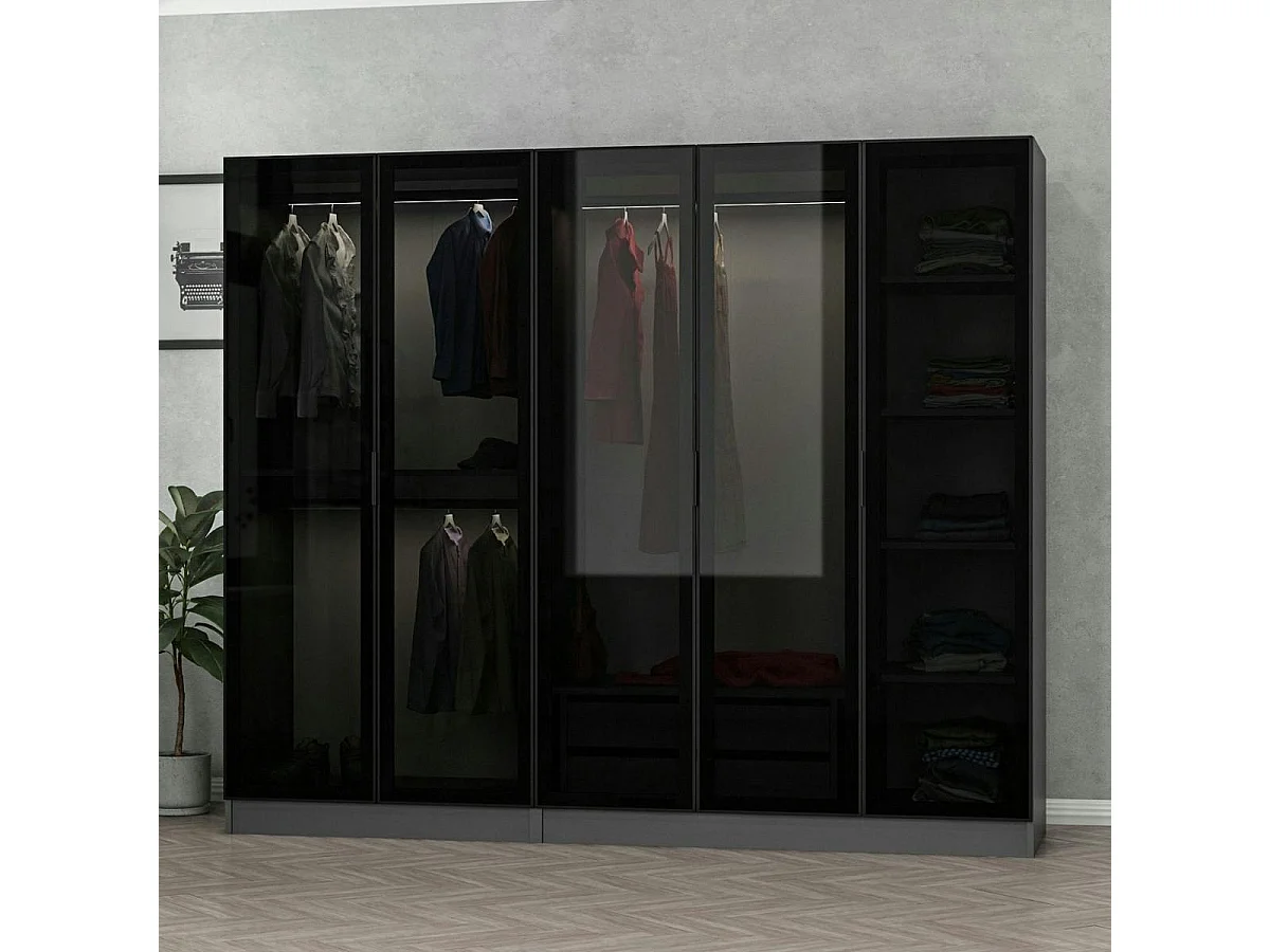 Armoire penderie 5 portes verre et cadre anthracite BYRON