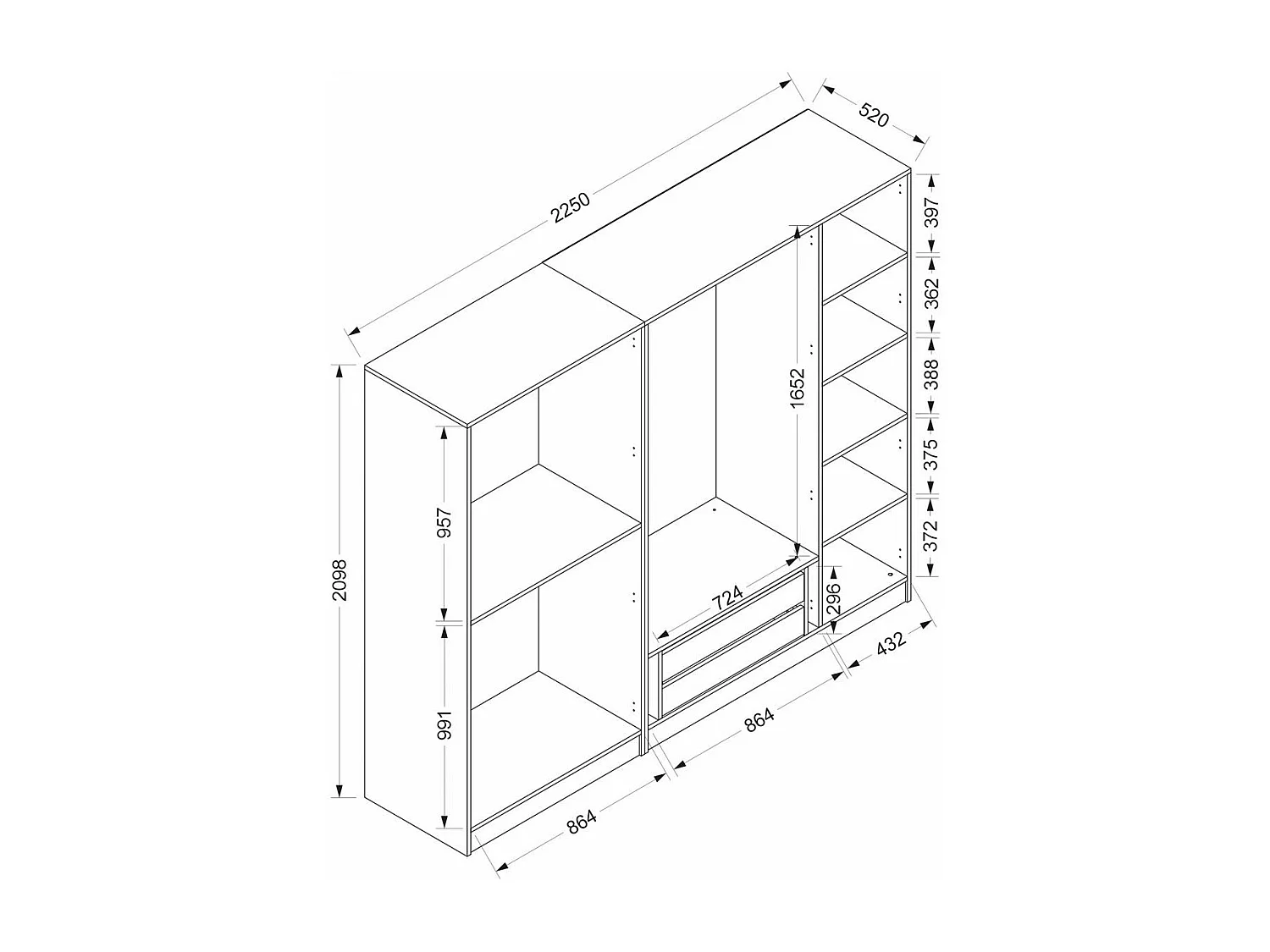 Armoire penderie 5 portes verre et cadre anthracite BYRON