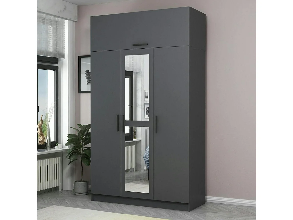 Armoire penderie grise 4 portes et 2 miroirs BYRON