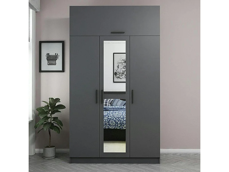 Armoire penderie grise 4 portes et 2 miroirs BYRON