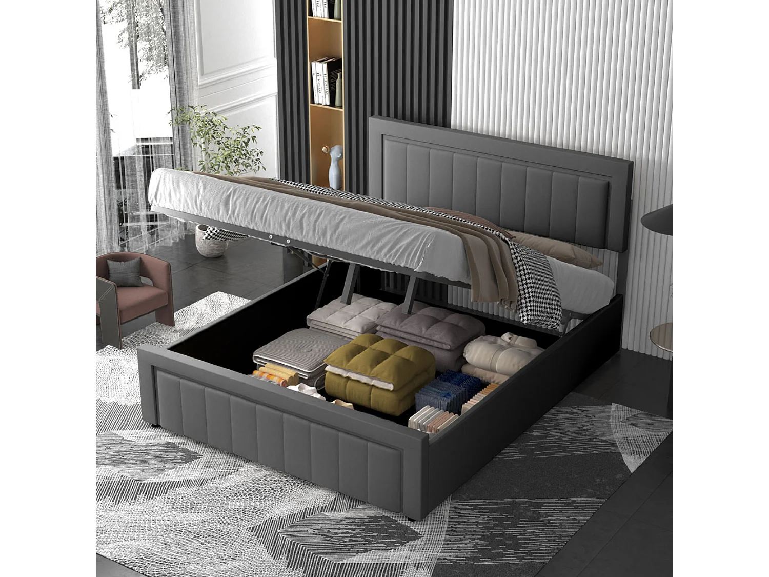 Lit contemporain avec coffre de rangement 160x200cm en velours gris NASHVILLE