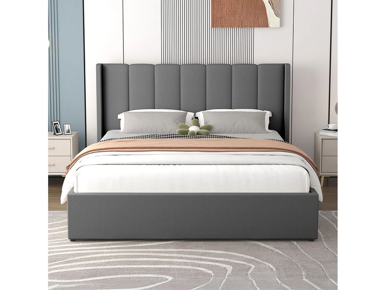 Lit design avec coffre de rangement 140x190cm en velours gris ARLINGTON