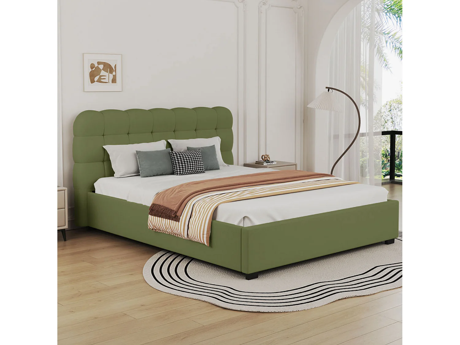 Lit nuage avec coffre de rangement 140x190cm en velours vert DALLAS