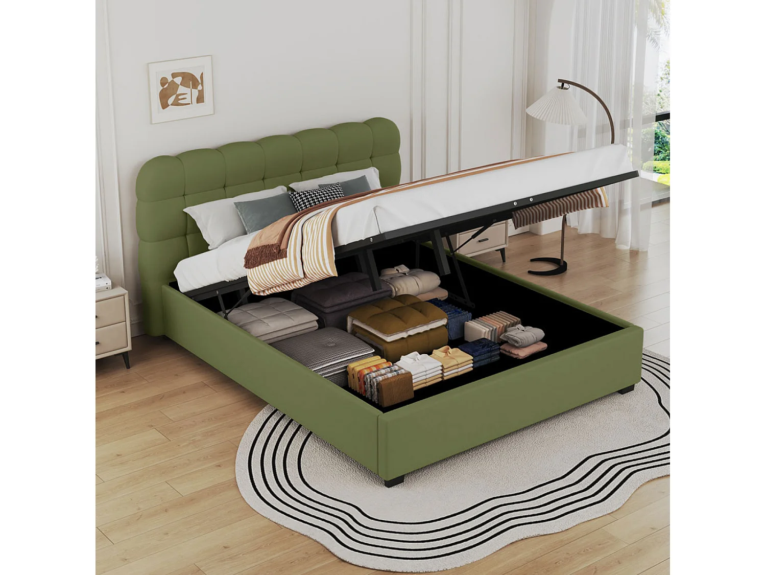 Lit nuage avec coffre de rangement 140x190cm en velours vert DALLAS
