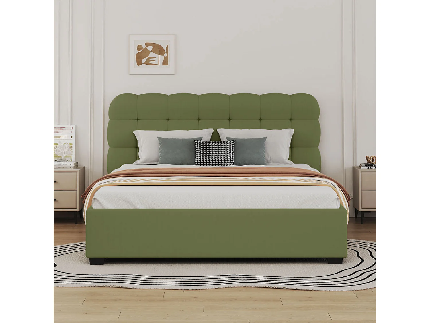 Lit nuage avec coffre de rangement 140x190cm en velours vert DALLAS