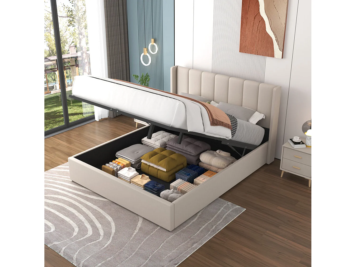 Lit coffre design 140x190cm en velours beige ARLINGTON