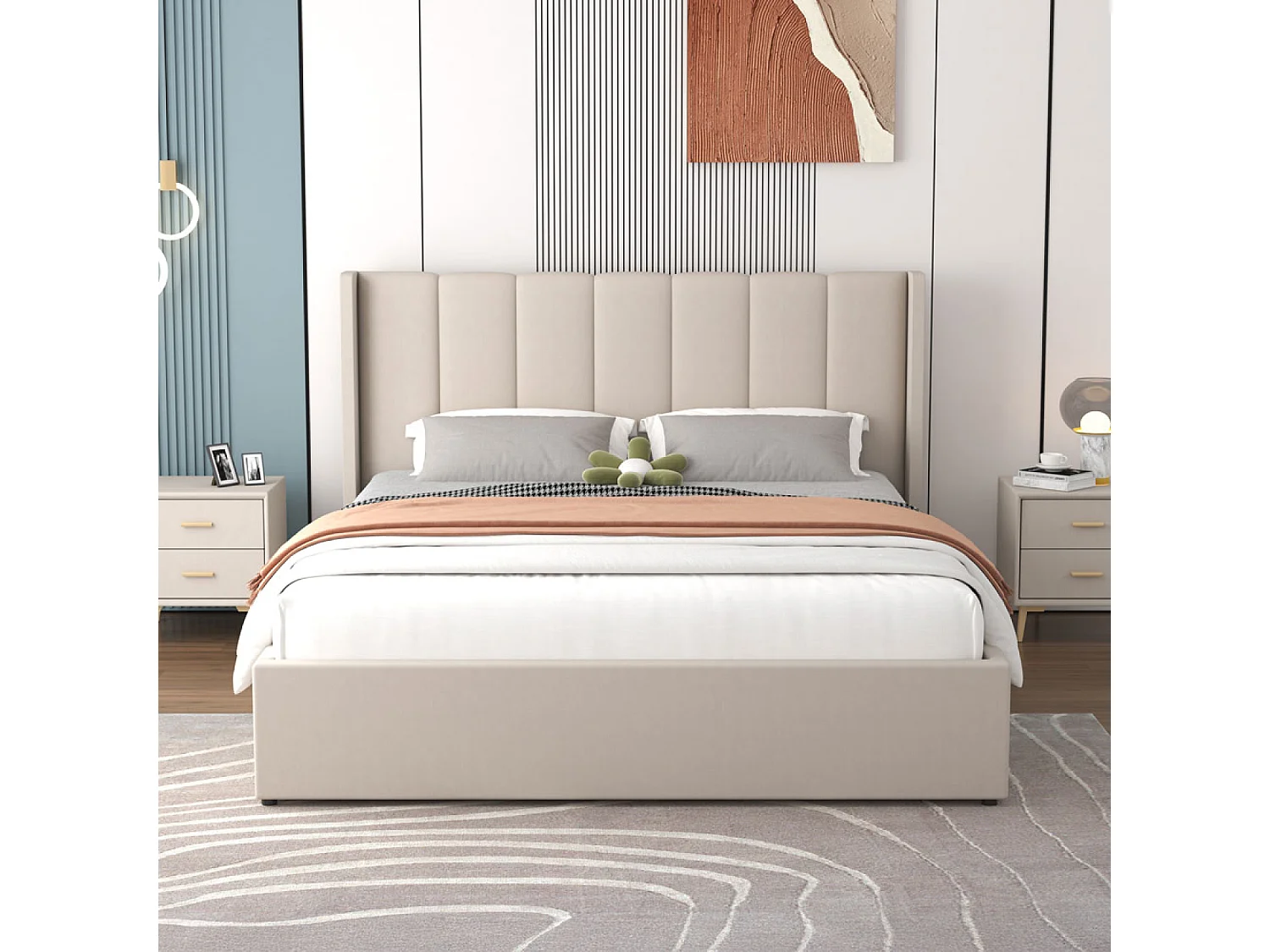 Lit coffre design 140x190cm en velours beige ARLINGTON