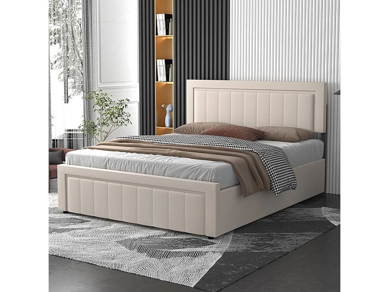 Lit contemporain avec coffre de rangement 160x200cm en velours beige NASHVILLE