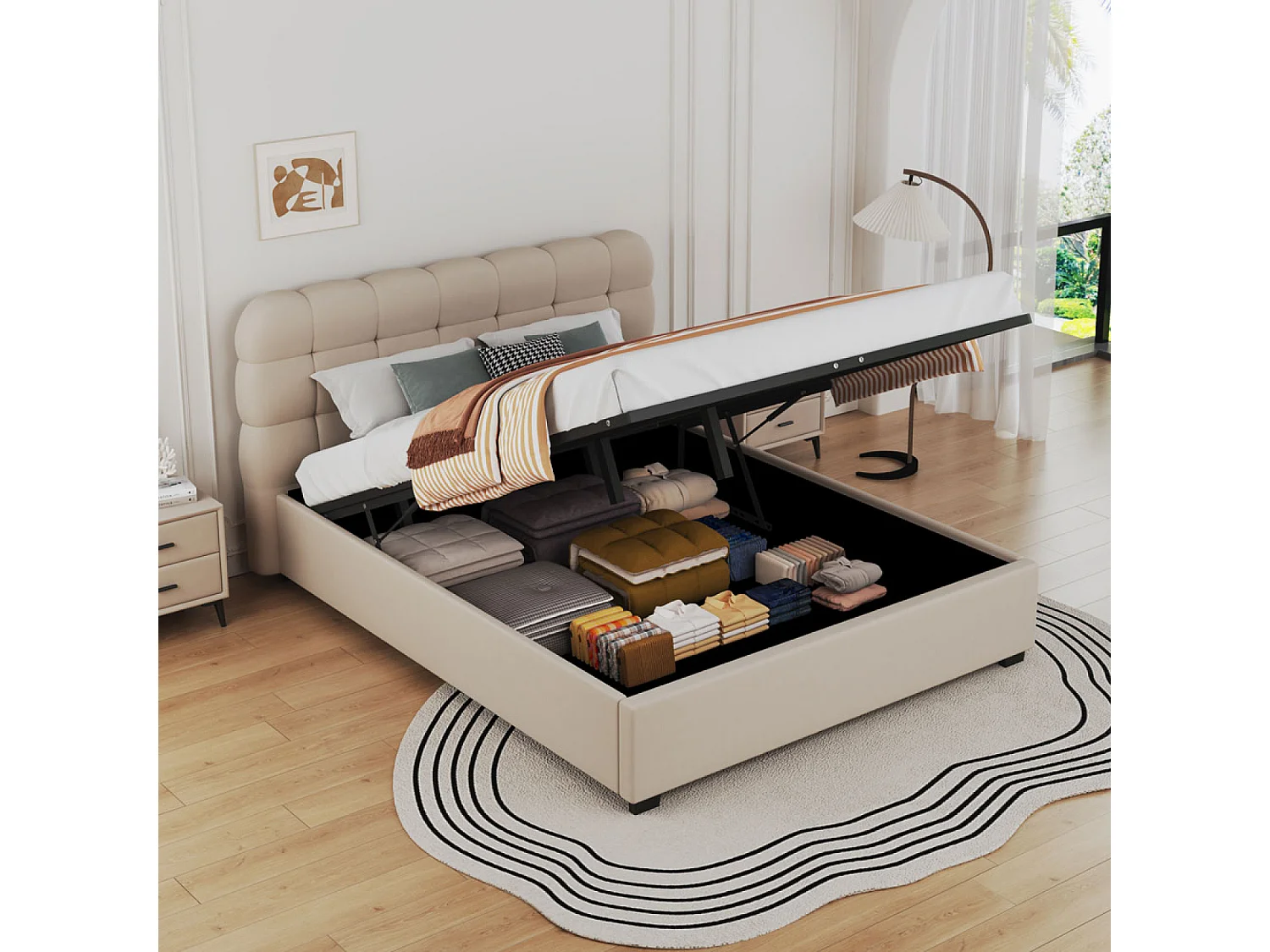 Lit nuage avec coffre de rangement 160x200cm en velours beige DALLAS