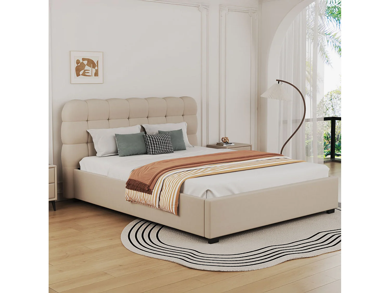 Lit coffre style nuage 160x200cm en velours beige DALLAS