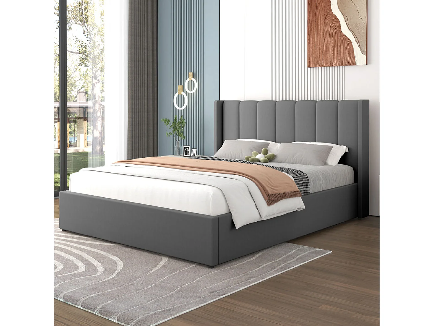 Lit design avec coffre de rangement 160x200cm en velours gris ARLINGTON
