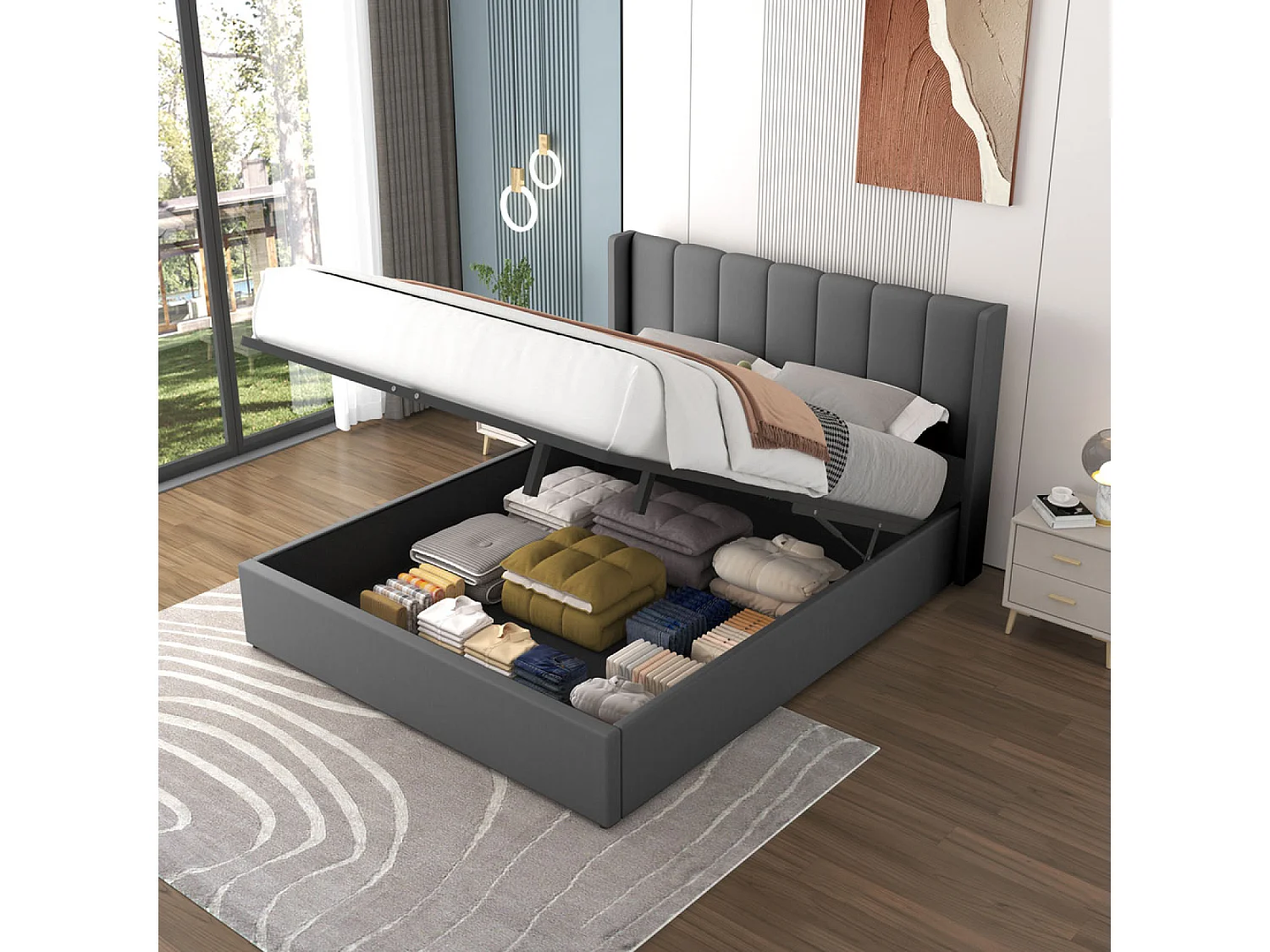 Lit design avec coffre de rangement 160x200cm en velours gris ARLINGTON