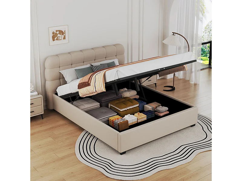 Lit nuage avec coffre de rangement 140x190cm en velours beige DALLAS