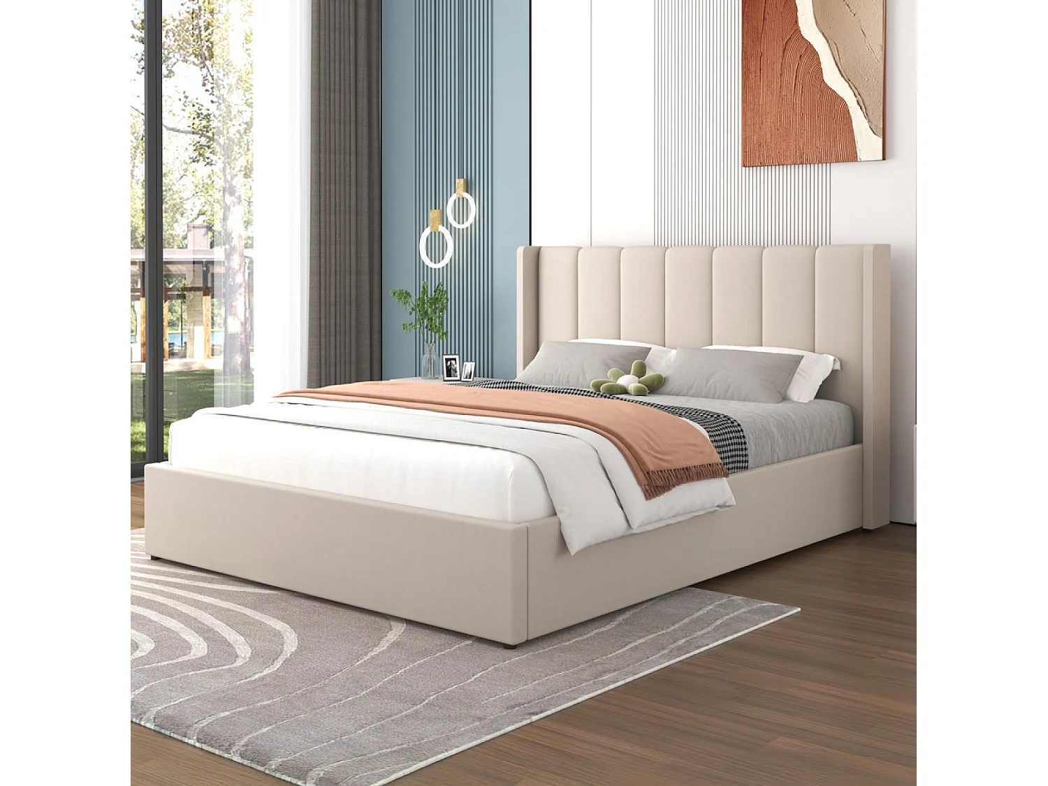 Lit design avec coffre de rangement 160x200cm en velours beige ARLINGTON