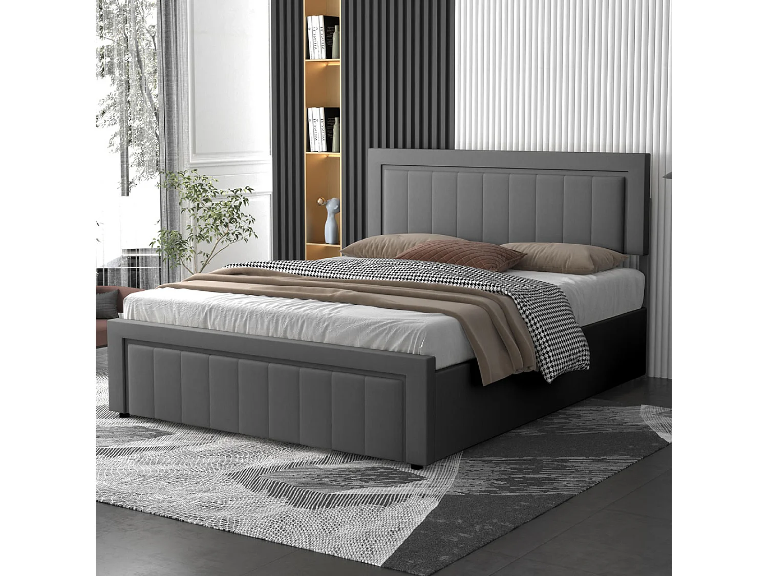 Lit contemporain avec coffre de rangement 140x190cm en velours gris NASHVILLE