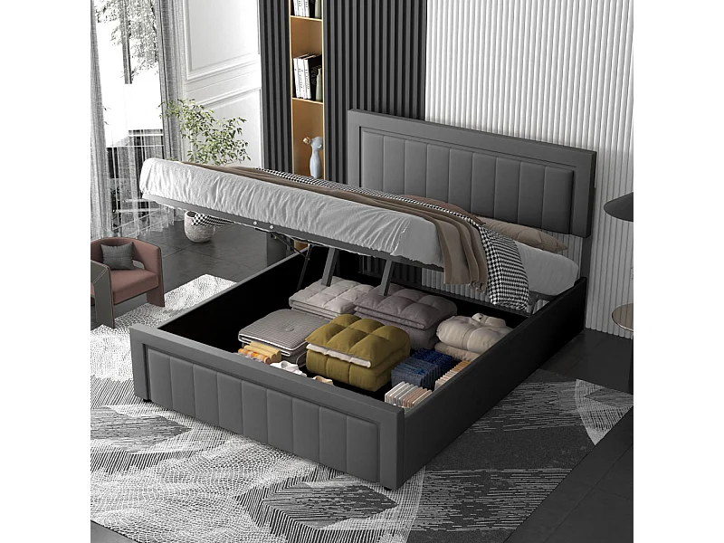 Lit contemporain avec coffre de rangement 140x190cm en velours gris NASHVILLE