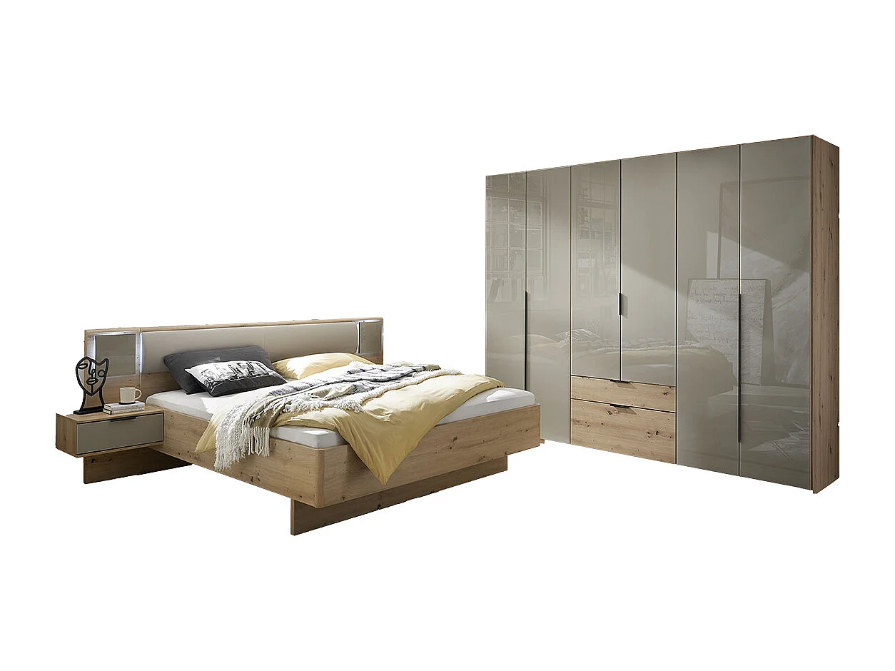 Chambre à coucher (Armoire + Lit adulte 180x200 cm + 2 chevets) coloris imitation chêne Artisan, Façade verre gris