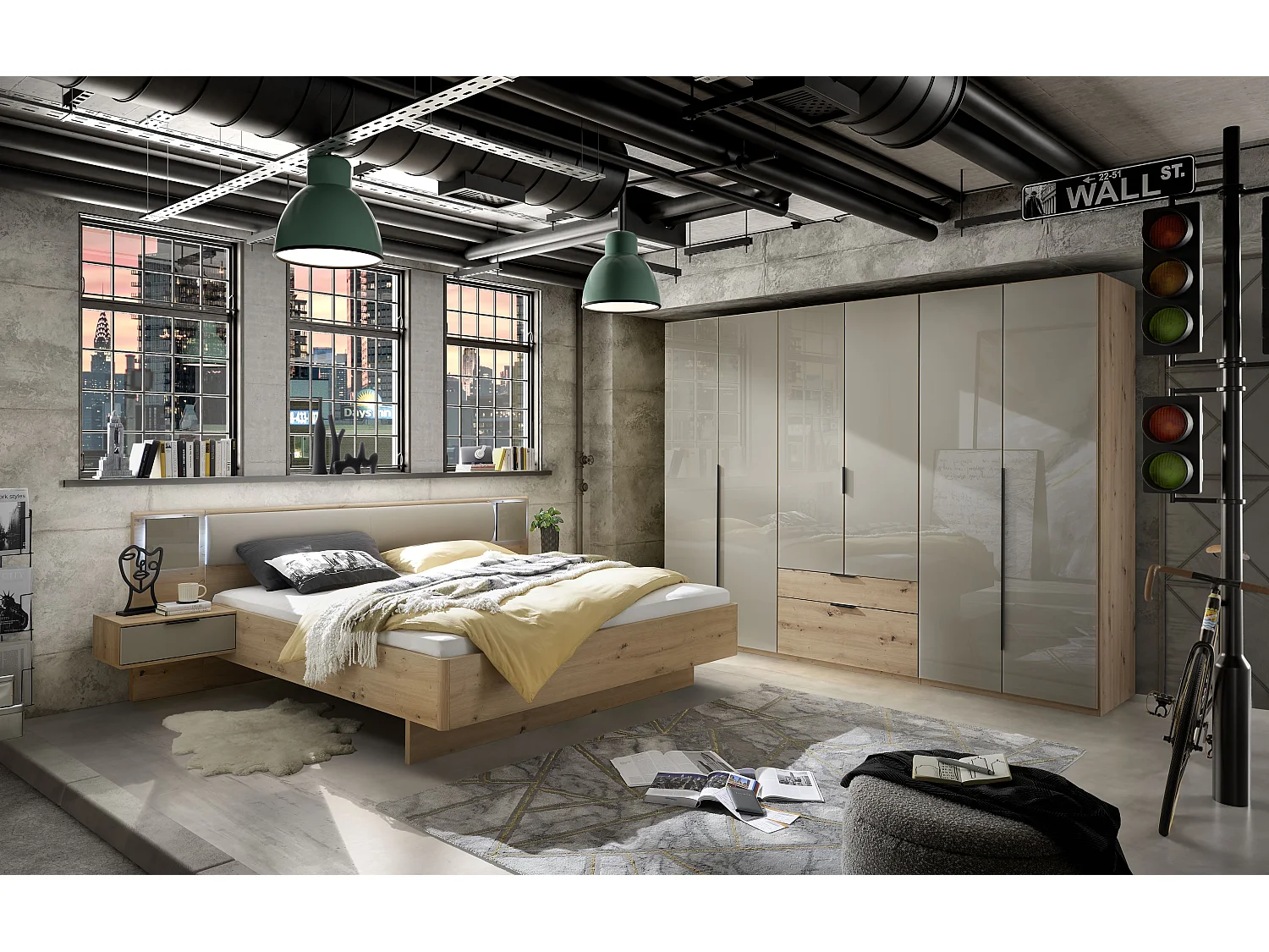 Chambre à coucher (Armoire + Lit adulte 160x200 cm + 2 chevets) coloris imitation chêne Artisan, Façade verre gris