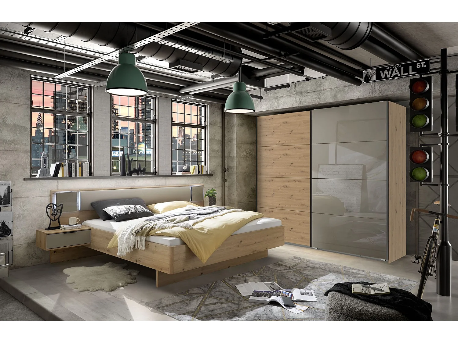 Chambre à coucher (Lit adulte 160x200cm + 2 chevets + armoire) coloris imitation chêne Artisan/Façade verre gris