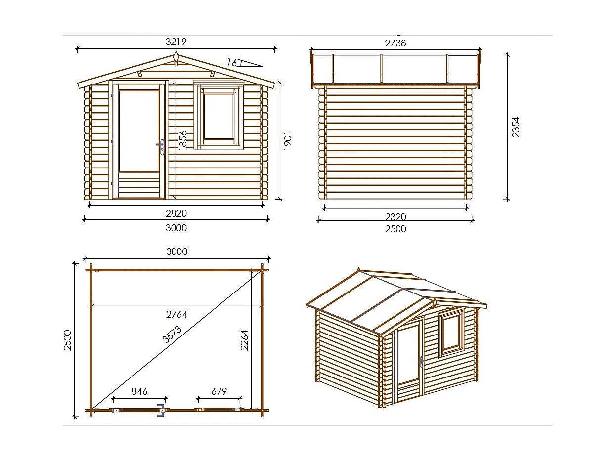 Casetta da giardino in legno - 7.5m2 - 3x2.5m - 28mm - colore: naturale - DOM755 - ALTANKA