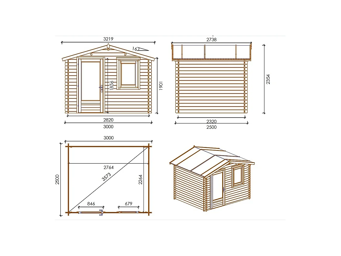 Abri de jardin en bois - 7.5m2 - 3x2.5m - Ep. 28mm - Couleur: naturel - DOM755 - ALTANKA
