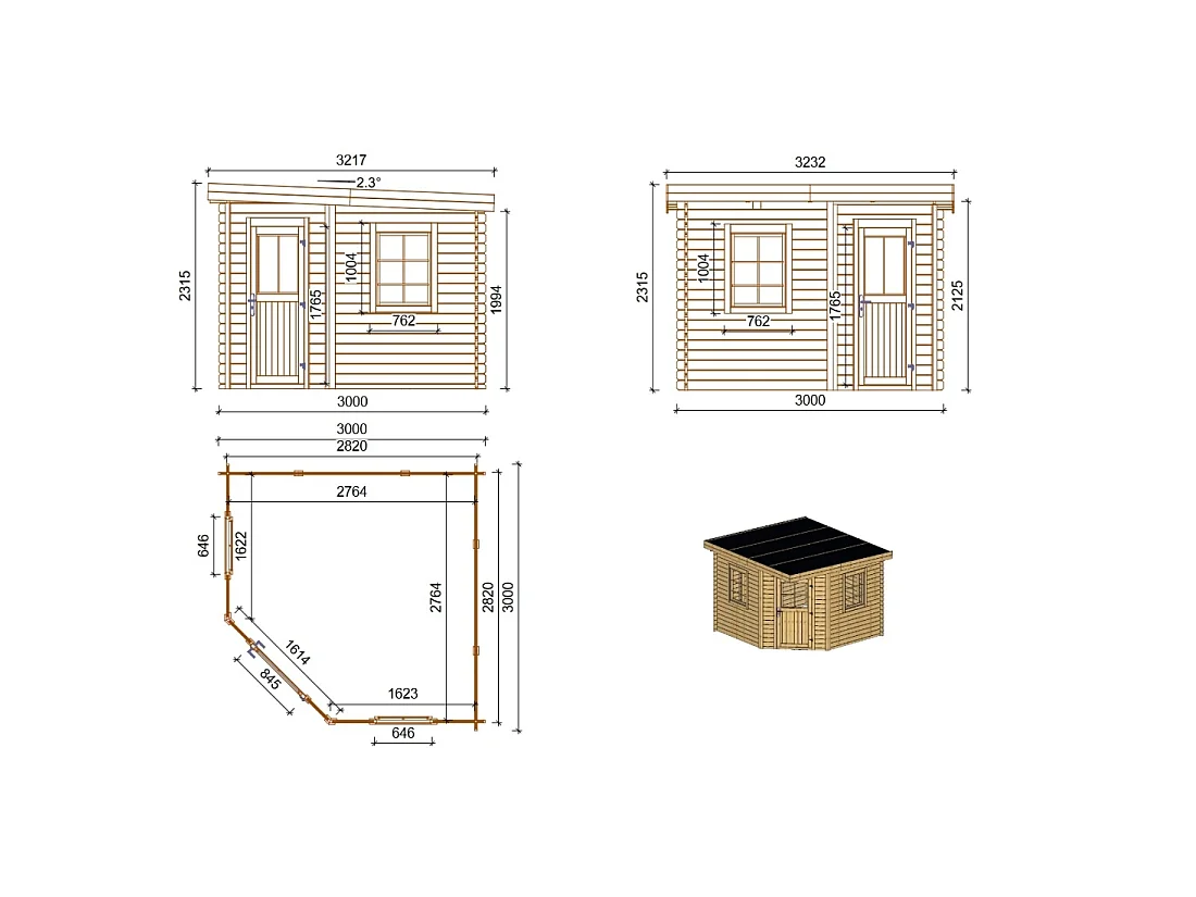 Abri de jardin en bois - 8m2 - 3x3m - Traité - Ep. 28mm - Couleur: marron - DOM753 - ALTANKA