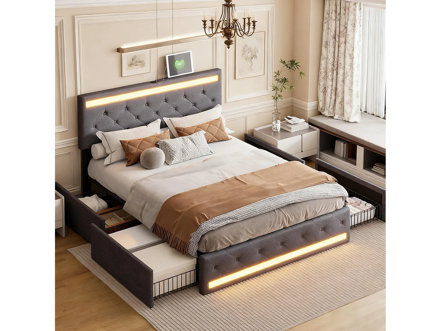 Lit adulte 160x200 cm - lit tiroir 4 - led et usb -  Sommier à Lattes en Bois Massi -  lit moderne Matelassé et Boutons -  tête de lit réglable - lin - gris