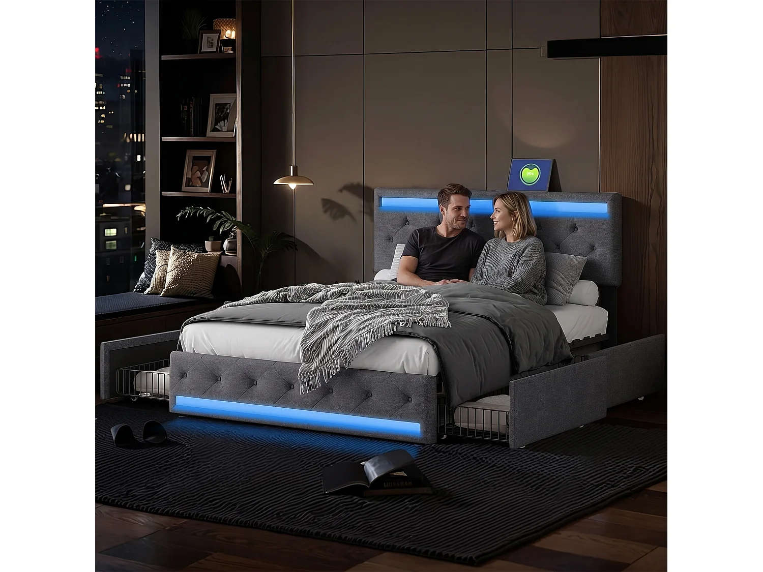 Lit adulte 160x200 cm avec sommier à lattes, tête de lit capitonnée réglable avec LED et USB, tiroirs de rangement en lin gris