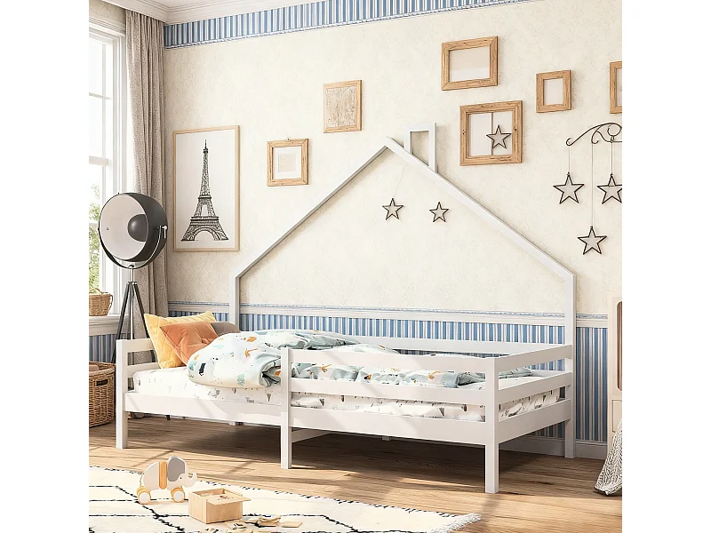 lit enfant 90x200 Conception Montessori, lit d'enfant 90x200 cm avec barrière et sommier à latte, lit simple 90x200 cm en bois - blanc