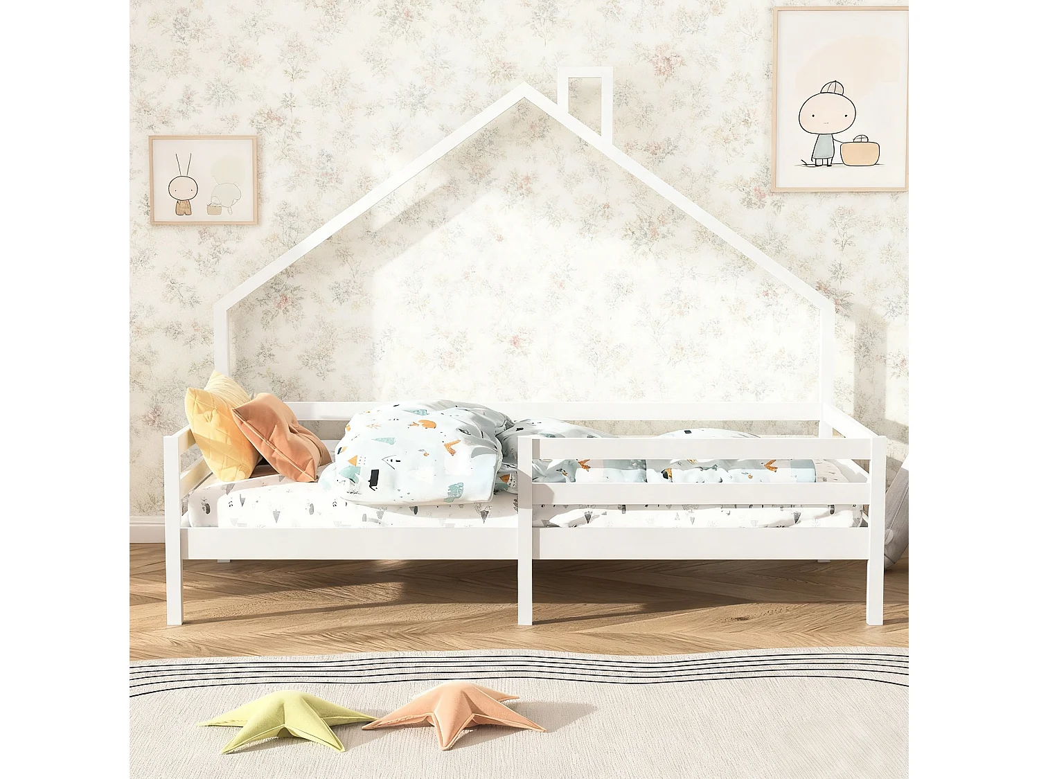 lit enfant 90x200 Conception Montessori, lit d'enfant 90x200 cm avec barrière et sommier à latte, lit simple 90x200 cm en bois - blanc