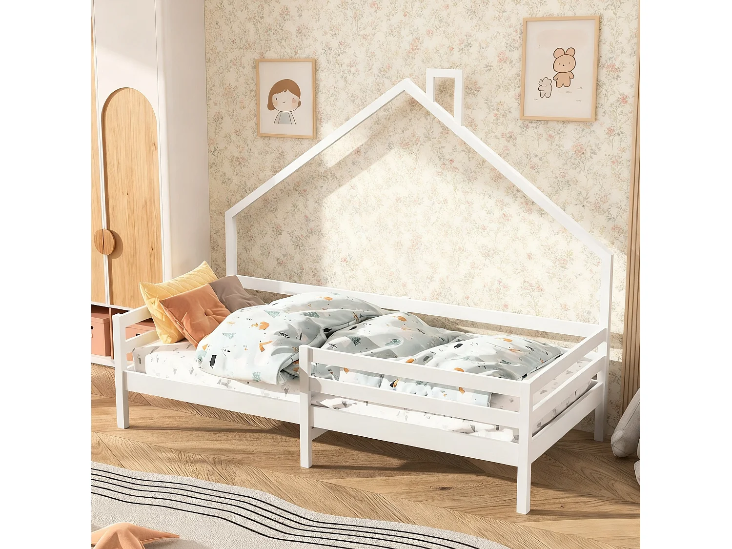 lit enfant 90x200 Conception Montessori, lit d'enfant 90x200 cm avec barrière et sommier à latte, lit simple 90x200 cm en bois - blanc