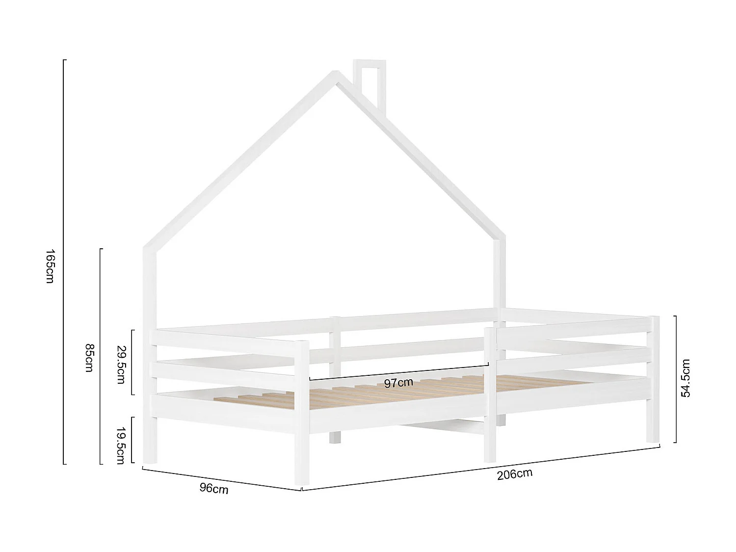lit enfant 90x200 Conception Montessori, lit d'enfant 90x200 cm avec barrière et sommier à latte, lit simple 90x200 cm en bois - blanc