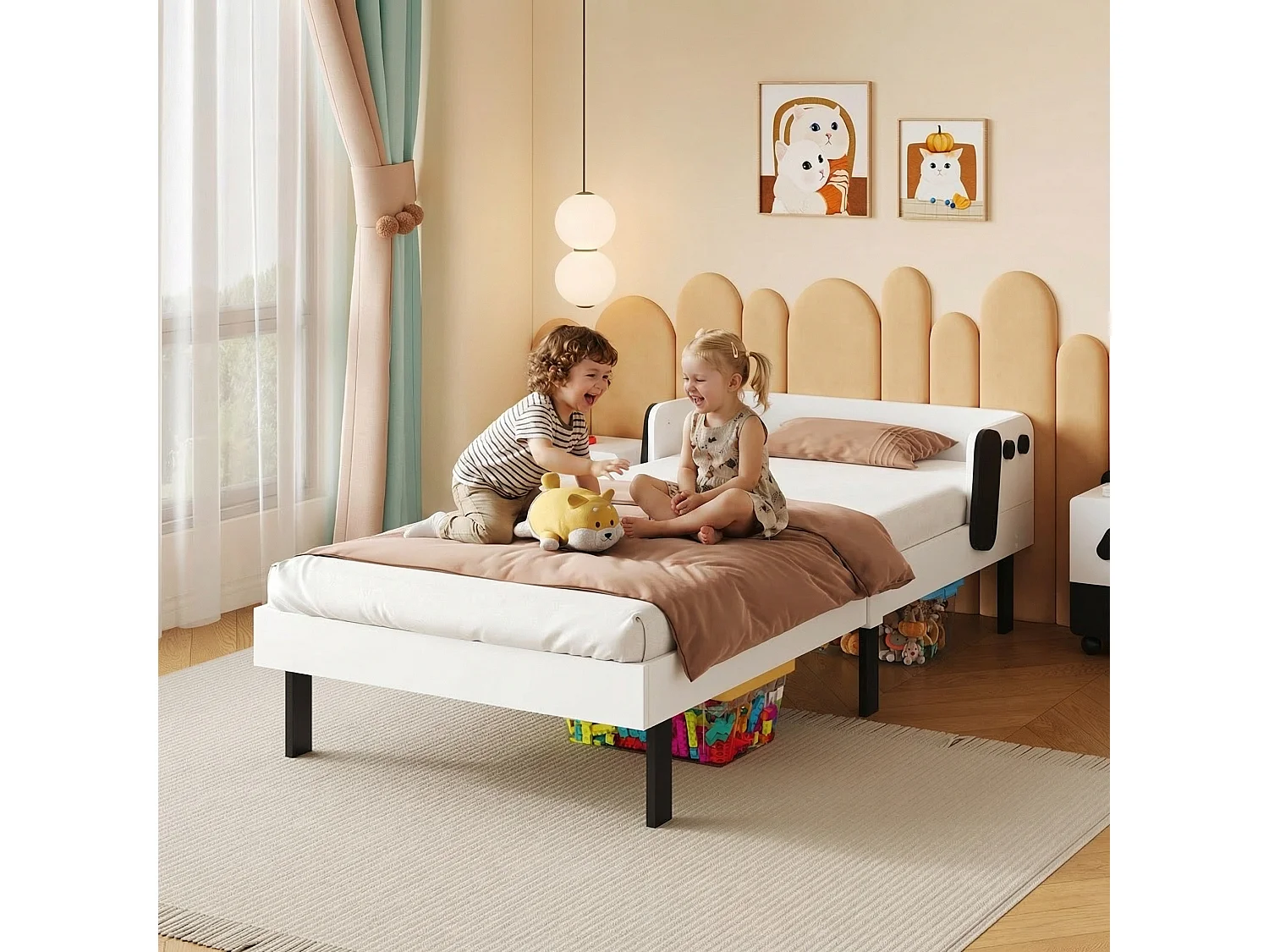 Lit enfant 90 x 200 cm blanc, tête de lit rembourrée en forme de chien, sommier à lattes