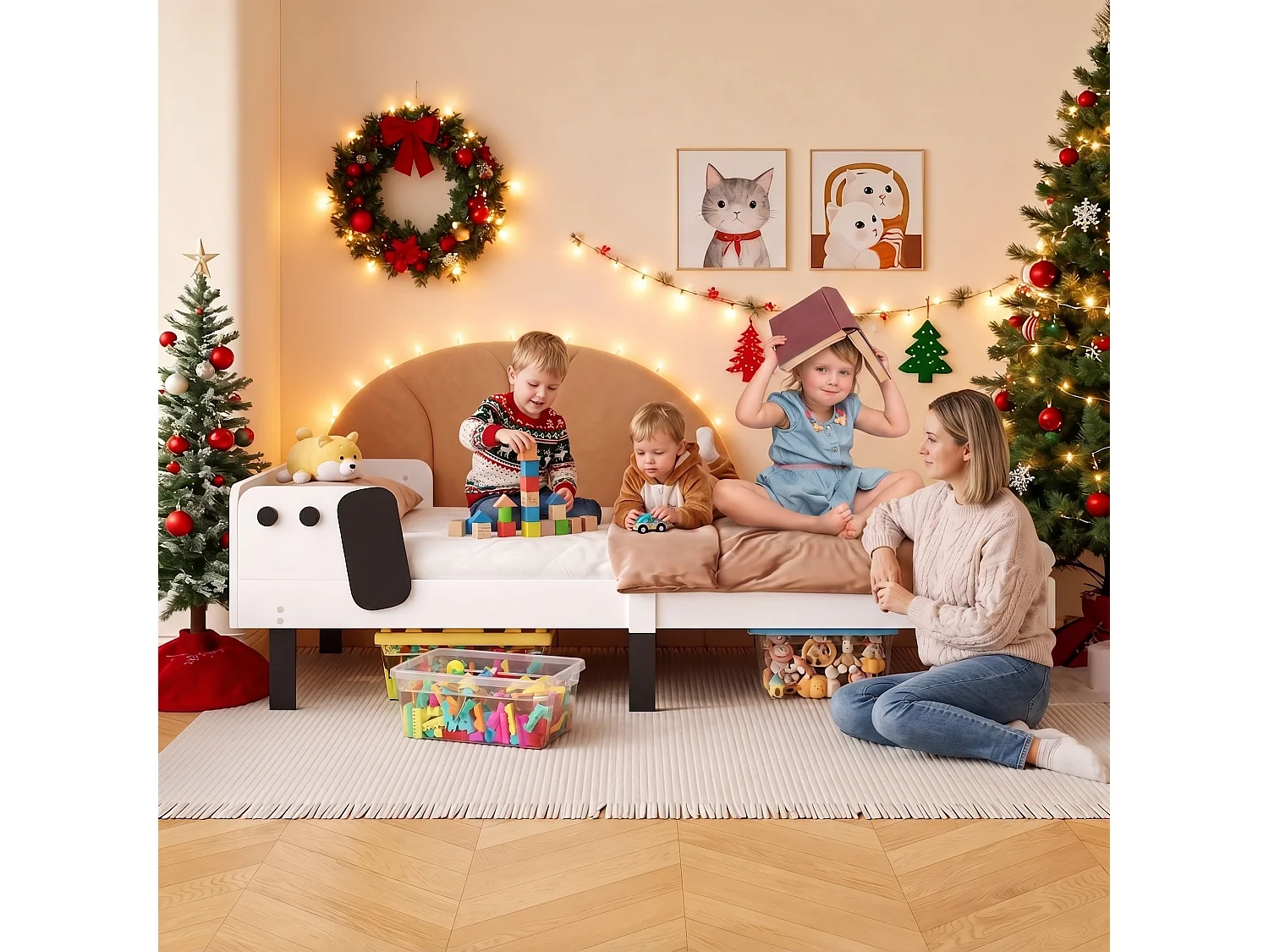 Lit enfant 90 x 200 cm blanc, tête de lit rembourrée en forme de chien, sommier à lattes