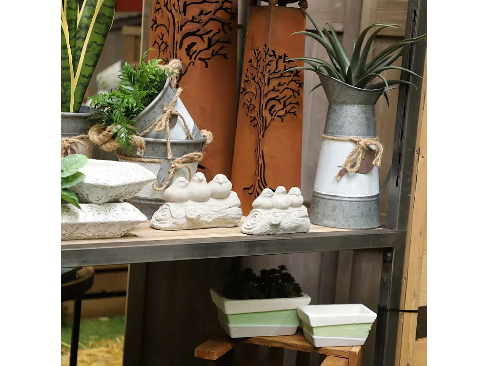 Trio d'oiseaux décoratifs sur branche en béton gris 20.5 x 9.5 x 11cm