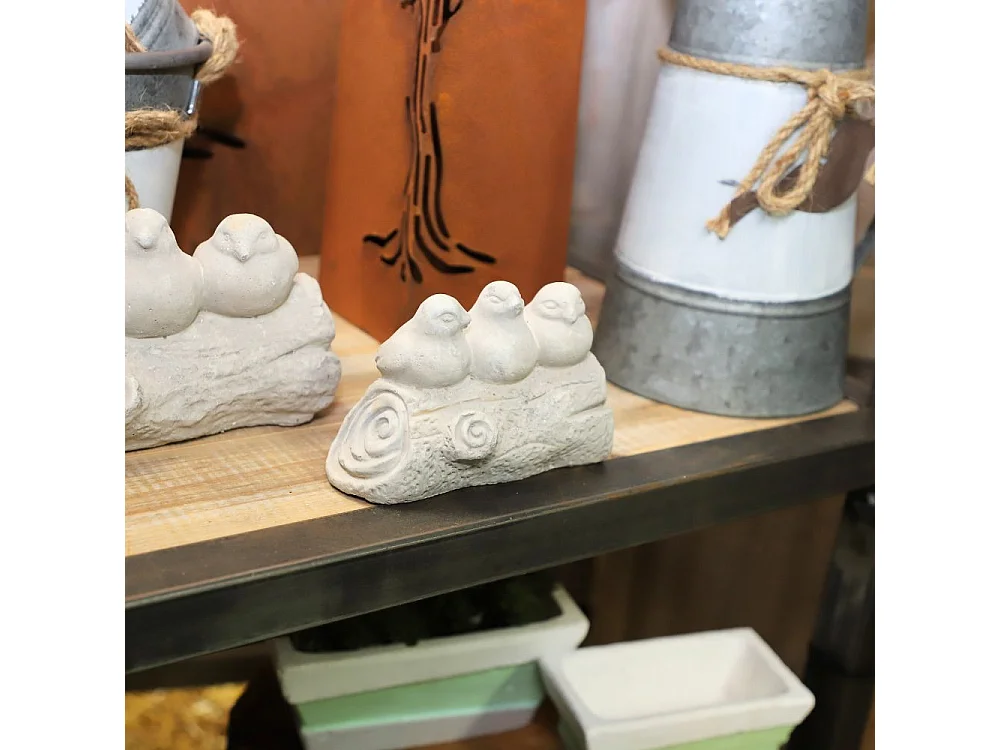 Trio d'oiseaux décoratifs sur branche en béton gris 20.5 x 9.5 x 11cm