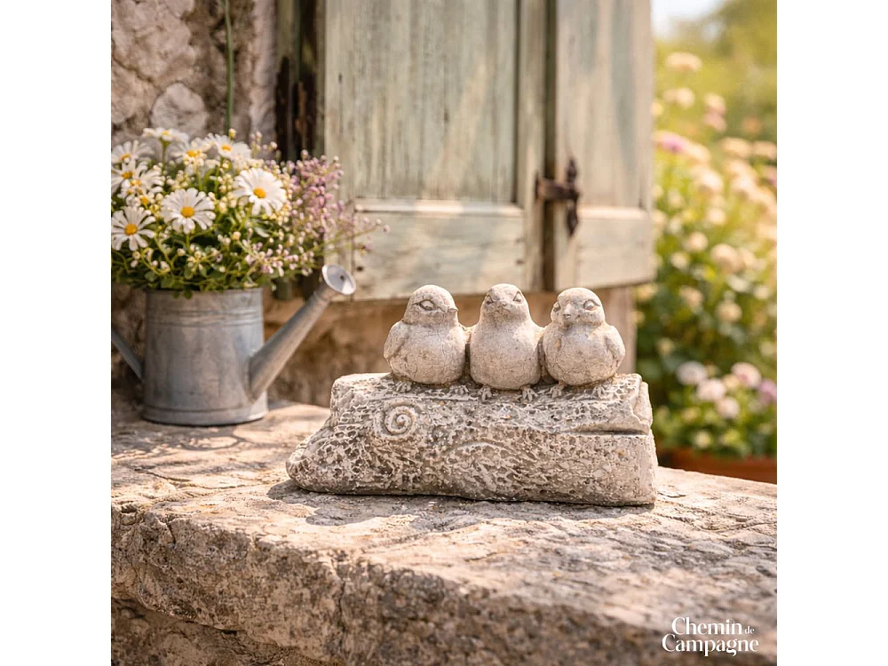 Trio d'oiseaux décoratifs sur branche en béton gris 20.5 x 9.5 x 11cm