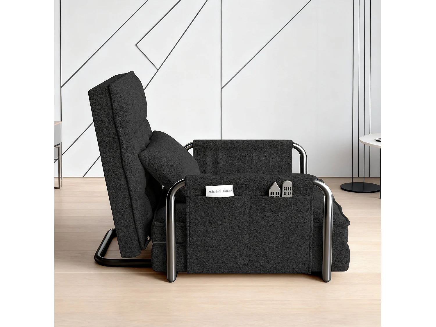 Canapé-lit simple multifonctionnel – avec fonction lit, chaise longue et fauteuil, canapé-lit réglable en cinq  positions, poches latérales - velours teddy noir