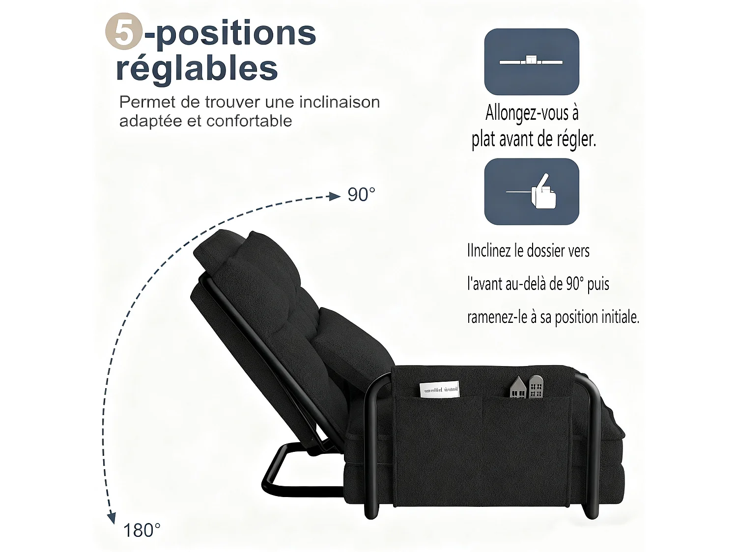 Canapé-lit simple multifonctionnel – avec fonction lit, chaise longue et fauteuil, canapé-lit réglable en cinq  positions, poches latérales - velours teddy noir