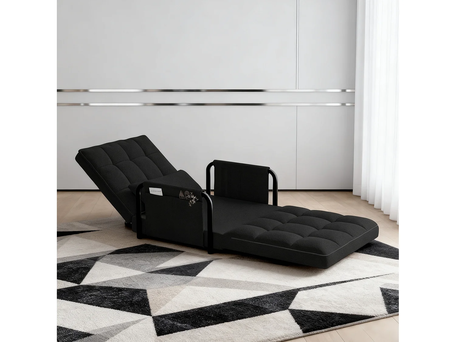 Canapé-lit simple multifonctionnel – avec fonction lit, chaise longue et fauteuil, canapé-lit réglable en cinq  positions, poches latérales - velours teddy noir