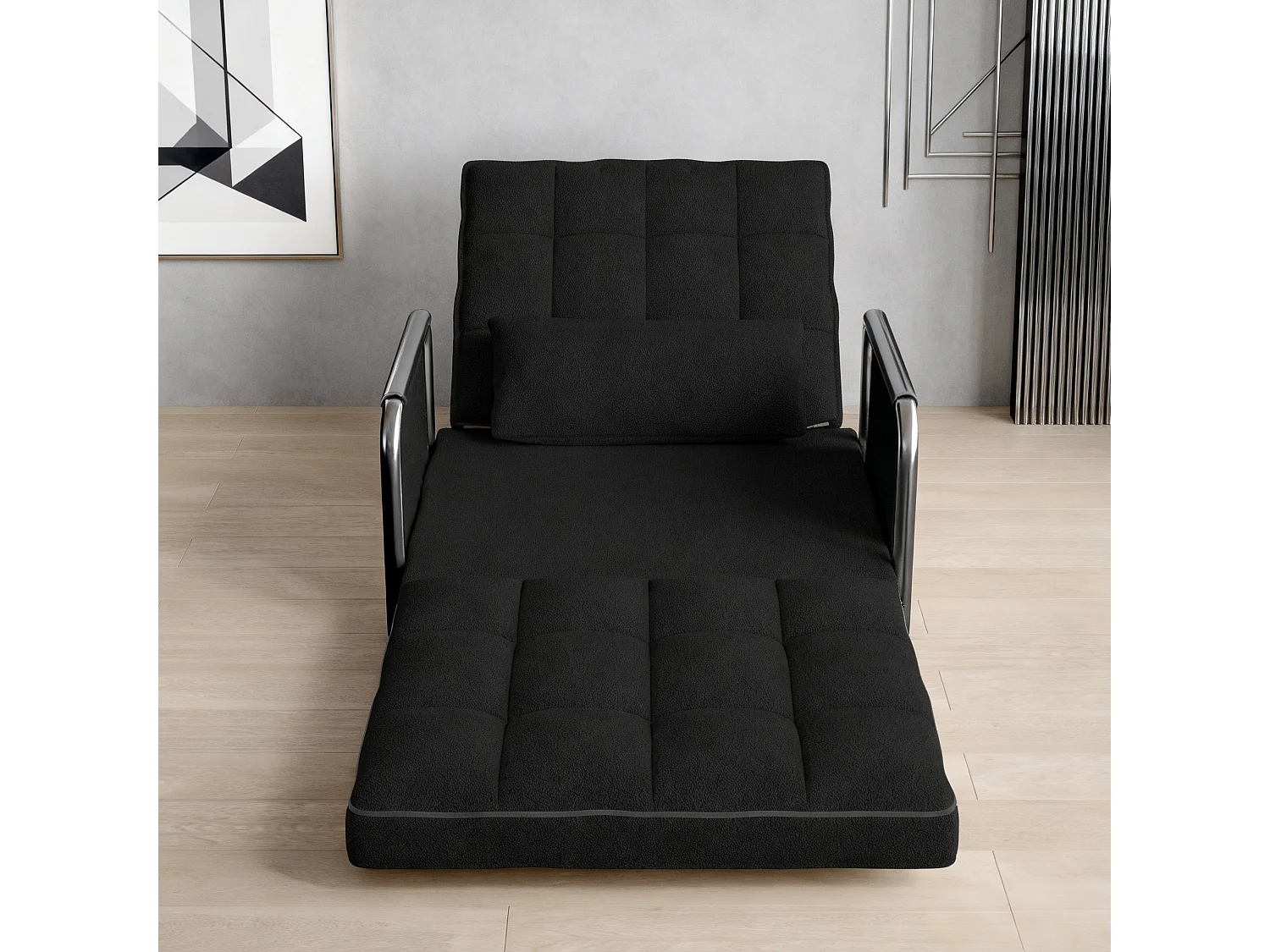 Canapé-lit simple multifonctionnel – avec fonction lit, chaise longue et fauteuil, canapé-lit réglable en cinq  positions, poches latérales - velours teddy noir